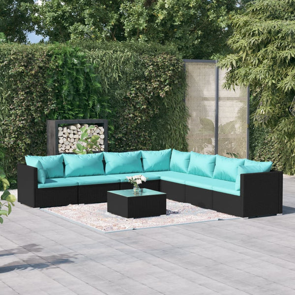  8 Piece Garden Lounge Set Black with Cushions Poly Rattan