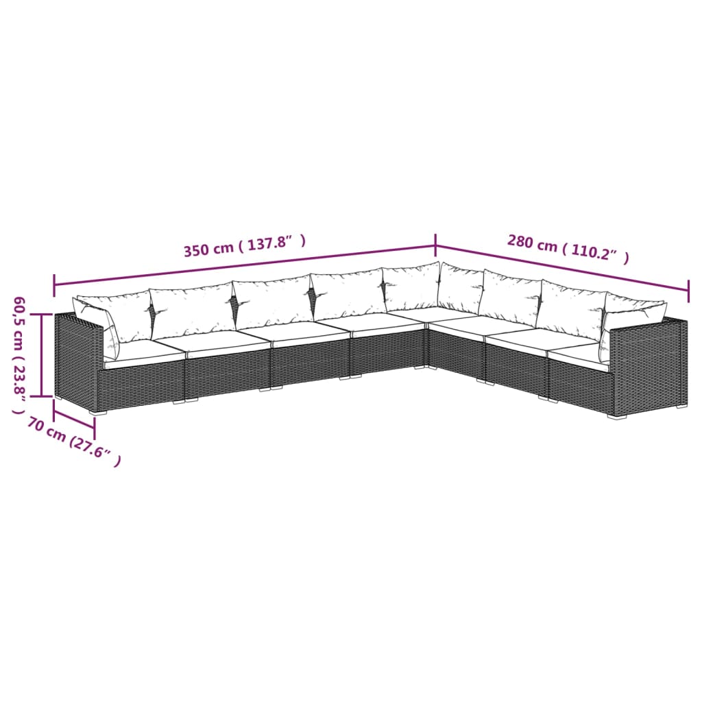 Noir Rattan Luxury: 8-Piece Garden Lounge Set in Black with Plush Cushions