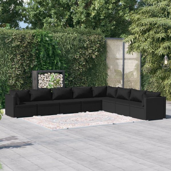 Noir Rattan Luxury: 8-Piece Garden Lounge Set in Black with Plush Cushions