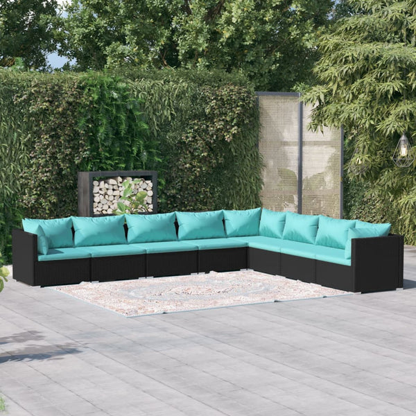  8 Piece Black Garden Lounge Set with Cushions Poly Rattan Black