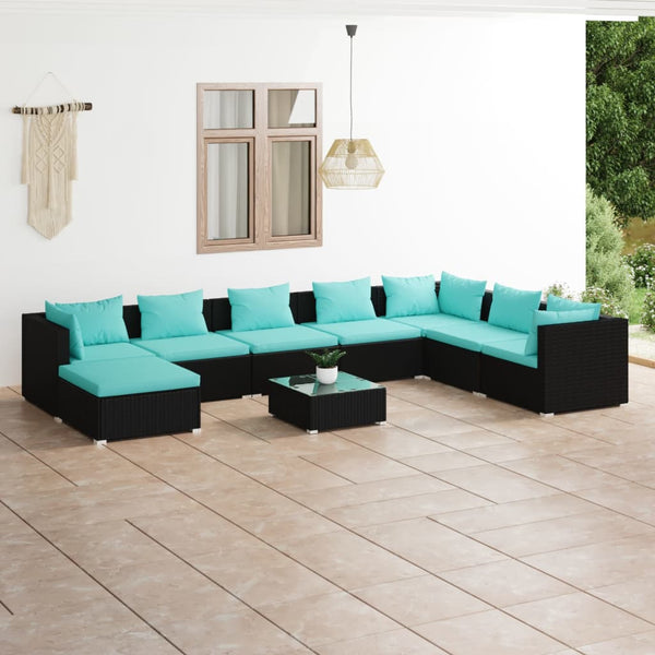  9 Piece Garden Lounge Set Black with Cushions Poly Rattan