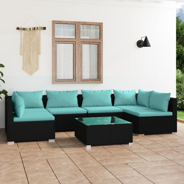  7 Piece Garden Lounge Set with Cushions Poly Rattan (Black)