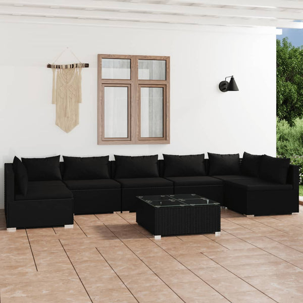  Noir Rattan Paradise: 8-Piece Black Poly Rattan Garden Lounge Set with Plush Cushions