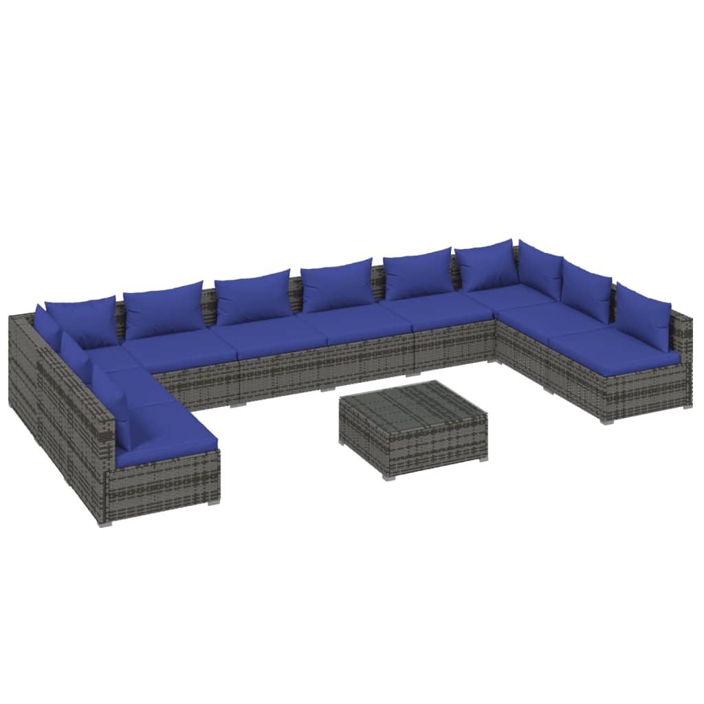 11 Piece Garden Lounge Set with Cushions Poly Rattan Grey - 70×70×60.5cm