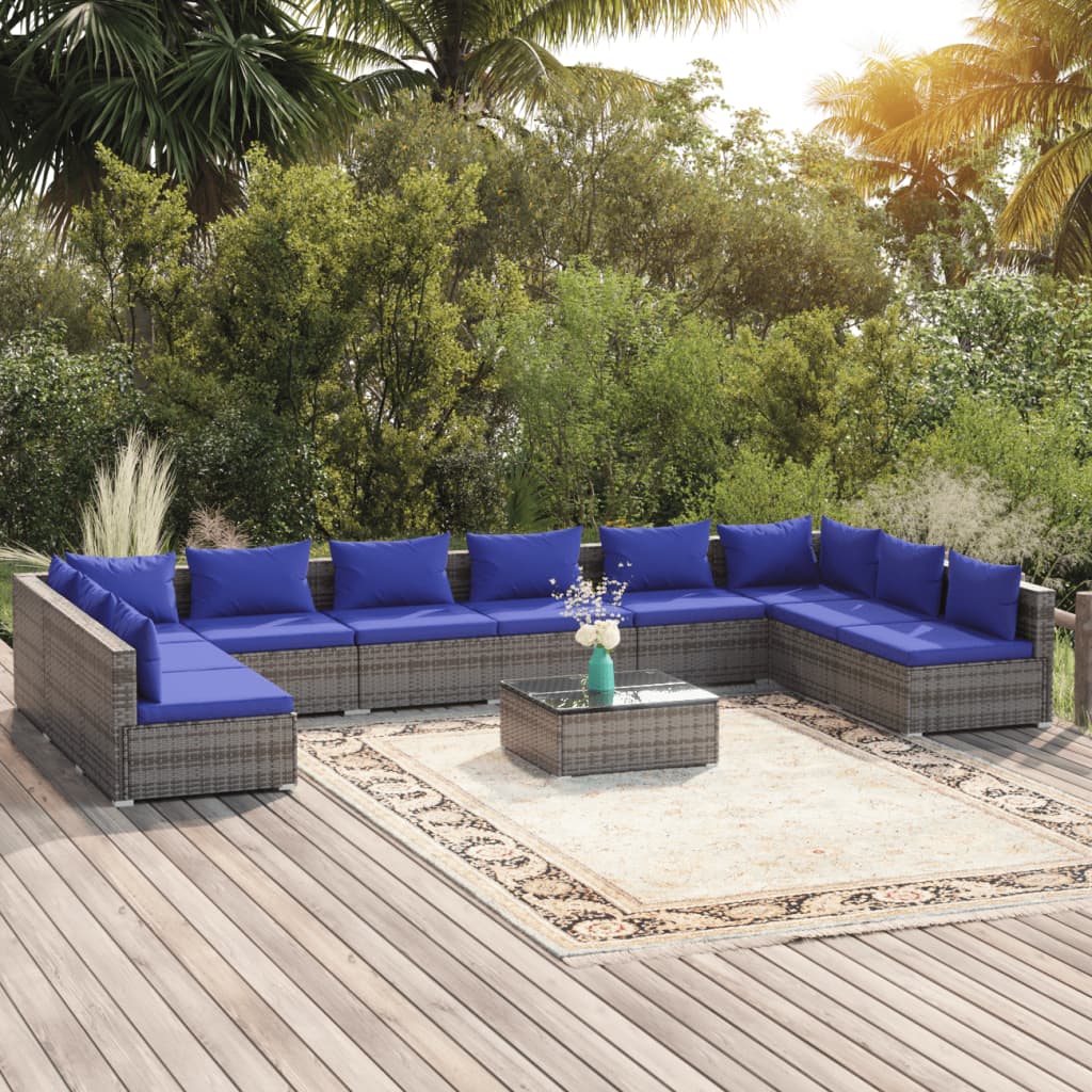 11 Piece Garden Lounge Set with Cushions Poly Rattan Grey - 70×70×60.5cm
