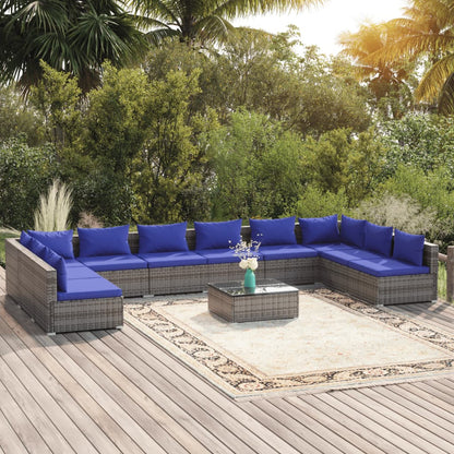 11 Piece Garden Lounge Set with Cushions Poly Rattan Grey - 70×70×60.5cm