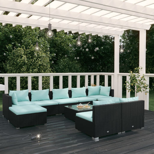10 Piece Garden Lounge Set with Cushions Poly Rattan (Black)