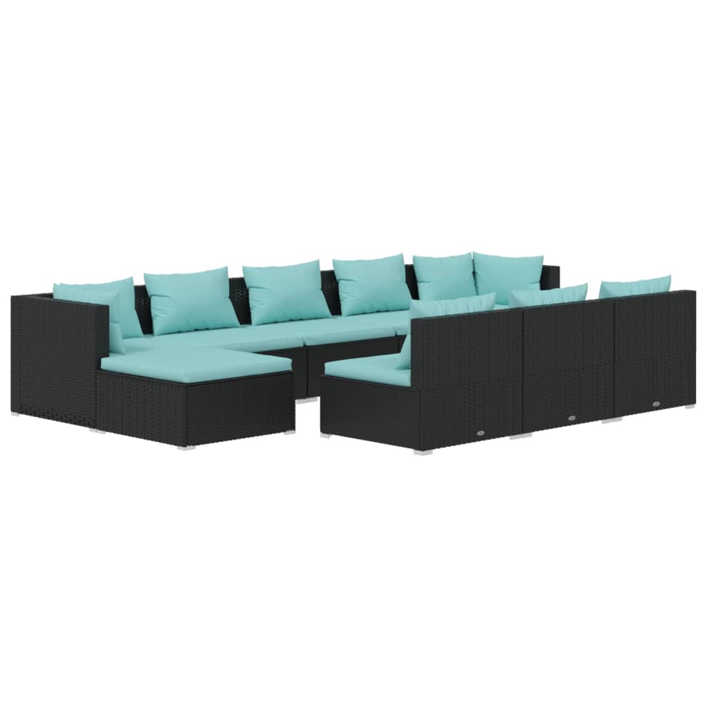10 Piece Garden Lounge Set with Cushions Poly Rattan (Black) - 70×70×60.5cm
