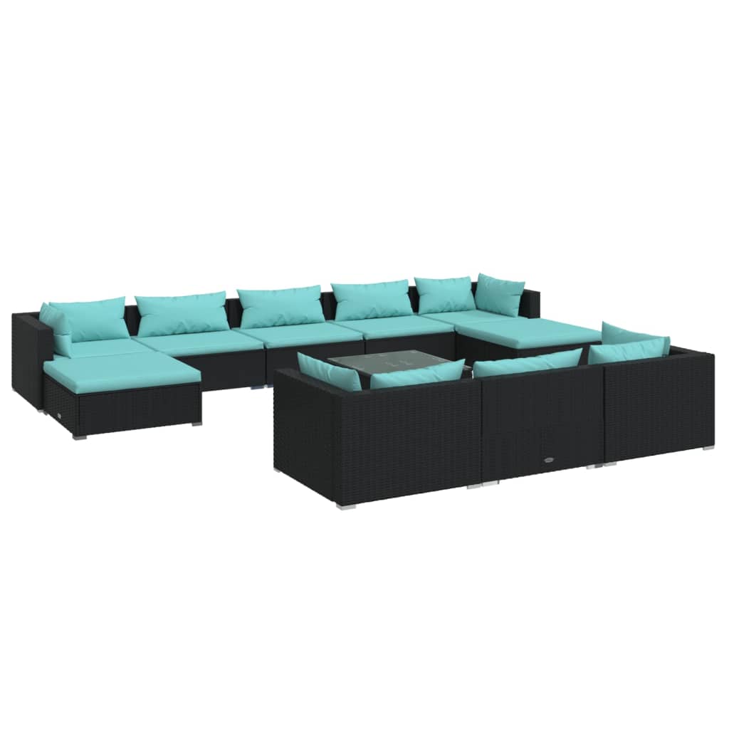 11 Piece Garden Lounge Set with Cushions Poly Rattan Black - 70×63×6cm