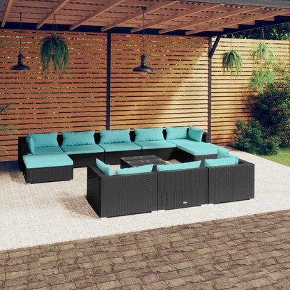11 Piece Garden Lounge Set with Cushions Poly Rattan Black - 70×63×6cm