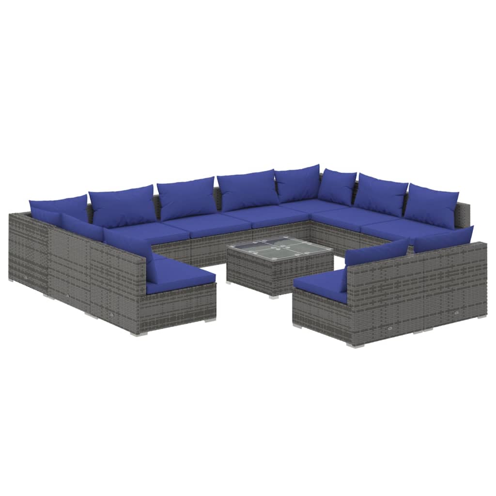 12 Piece Garden Lounge Set with Cushions Poly Rattan Grey - 70×70×60.5cm