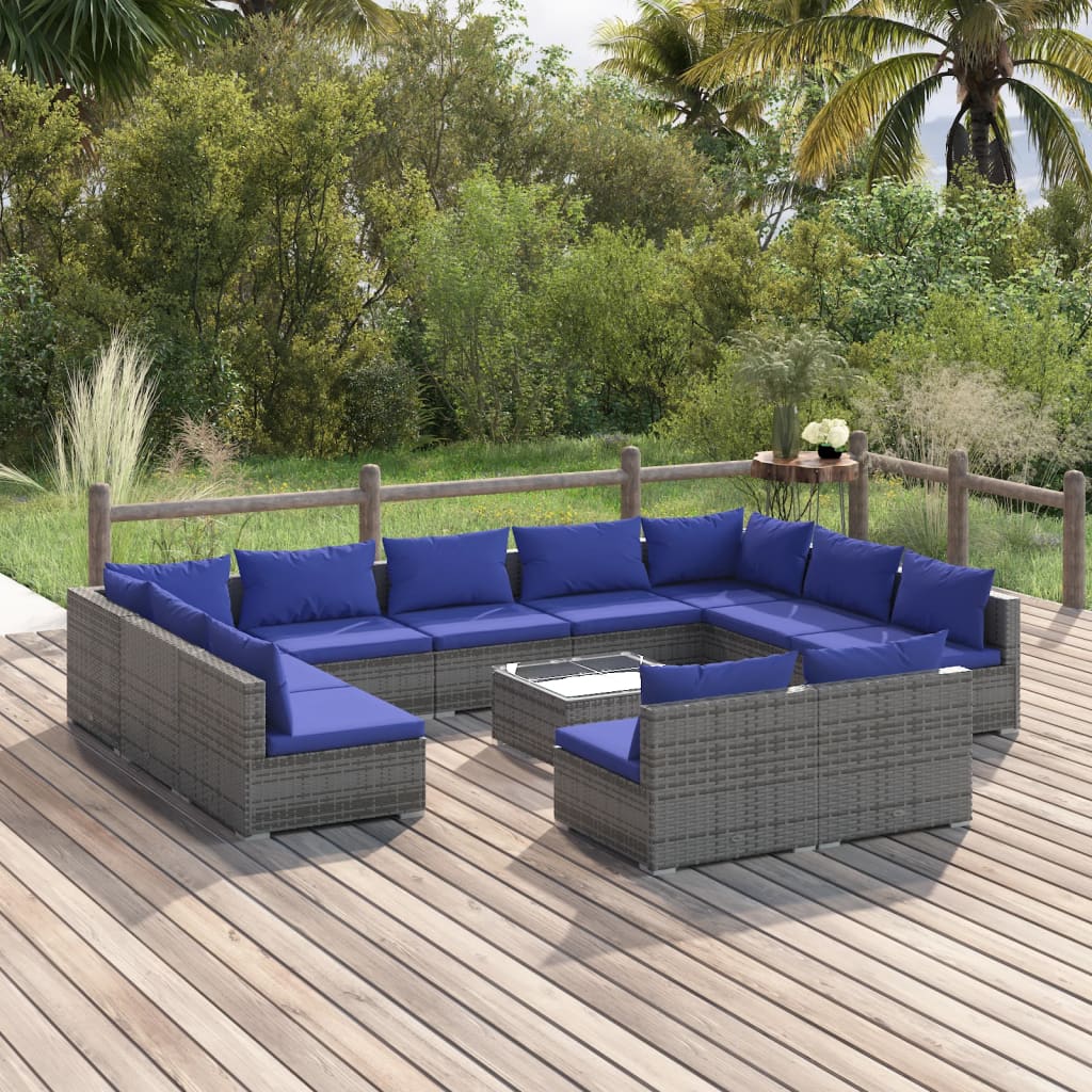 12 Piece Garden Lounge Set with Cushions Poly Rattan Grey - 70×70×60.5cm