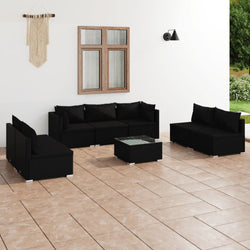 Noir Rattan Haven: 8-Piece Black Poly Rattan Garden Lounge Set with Plush Cushions