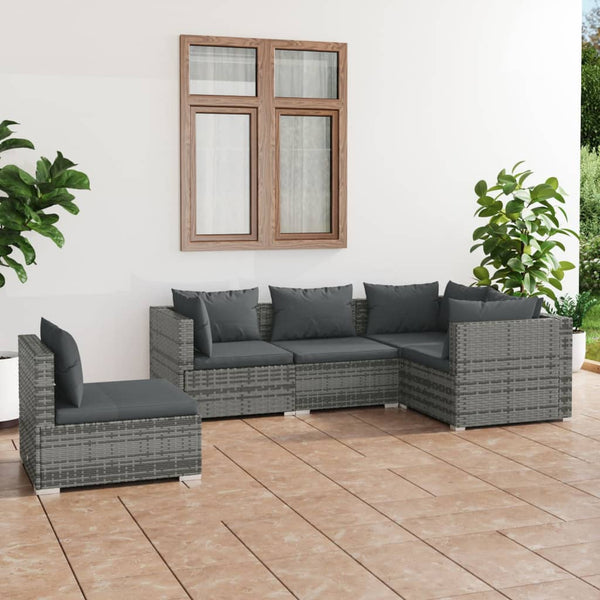  Grey Rattan Retreat: 5-Piece Garden Lounge Set with Plush Cushions