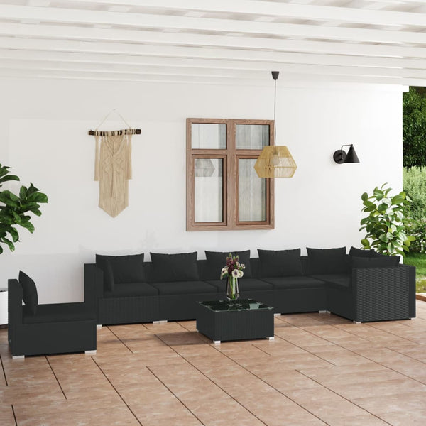  Noir Rattan Elegance: 8-Piece Garden Lounge Set in Black with Plush Cushions