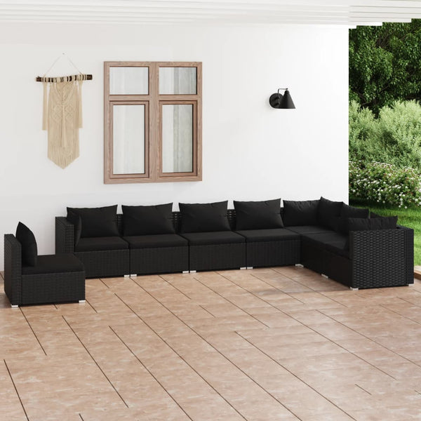  Noir Rattan Oasis: 8-Piece Black Poly Rattan Garden Lounge Set with Plush Cushions