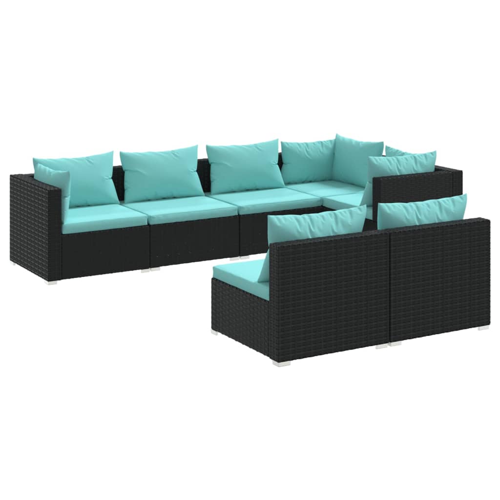 7 Piece Garden Lounge Set with Cushions Black Poly Rattan - 70×70×60.5cm