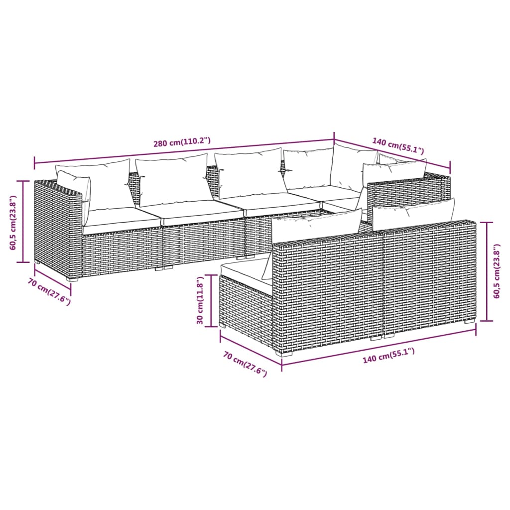7 Piece Garden Lounge Set with Cushions Black Poly Rattan - 70×70×60.5cm