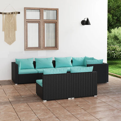 7 Piece Garden Lounge Set with Cushions Black Poly Rattan - 70×70×60.5cm