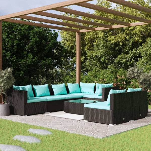  8 Piece Garden Lounge Set Poly Rattan with Cushions Black