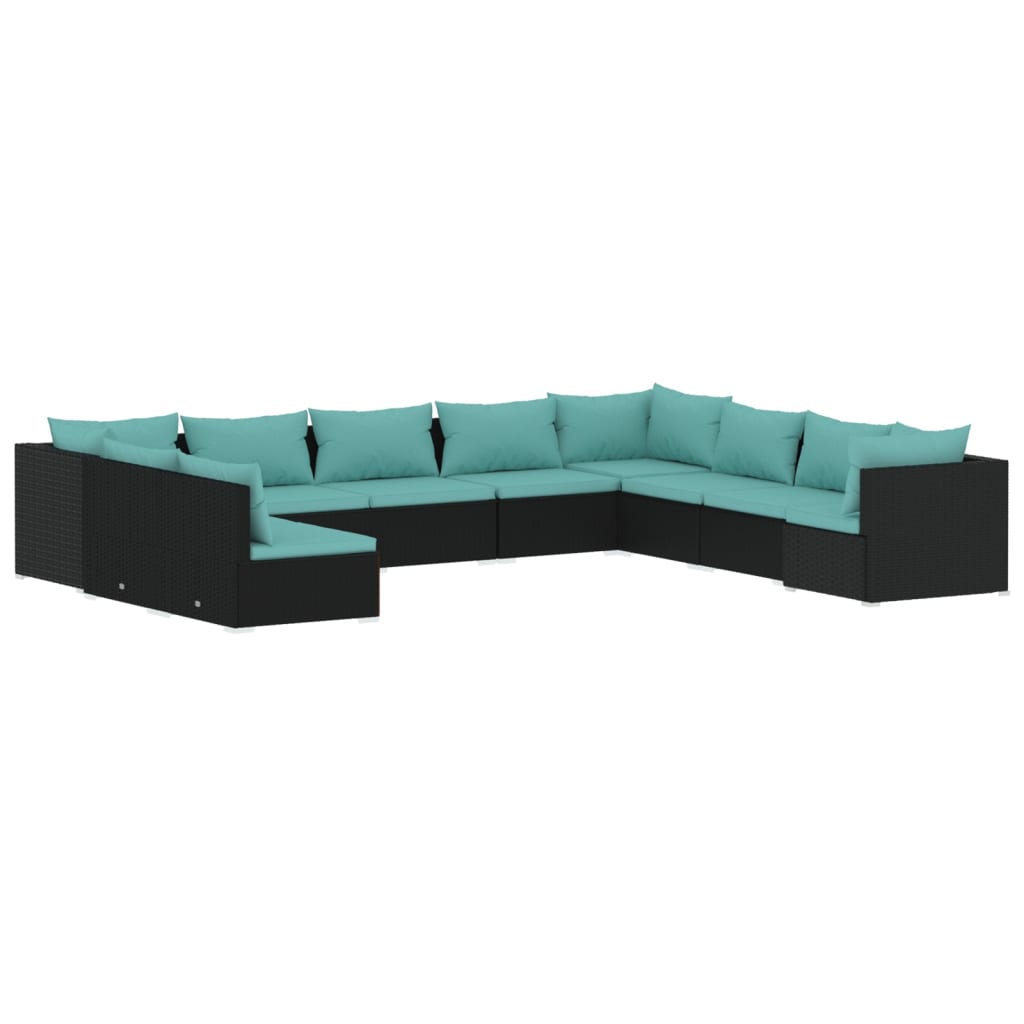 10 Piece Garden Lounge Set Black with Cushions Poly Rattan