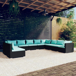 10 Piece Garden Lounge Set Black with Cushions Poly Rattan