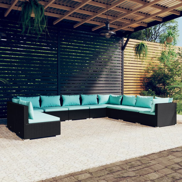  10 Piece Garden Lounge Set Black with Cushions Poly Rattan