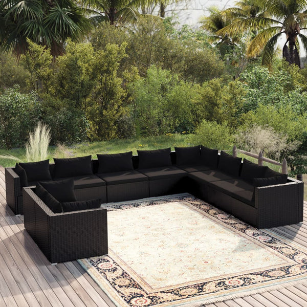  10 Piece Garden Lounge Set with Cushions Black Poly Rattan