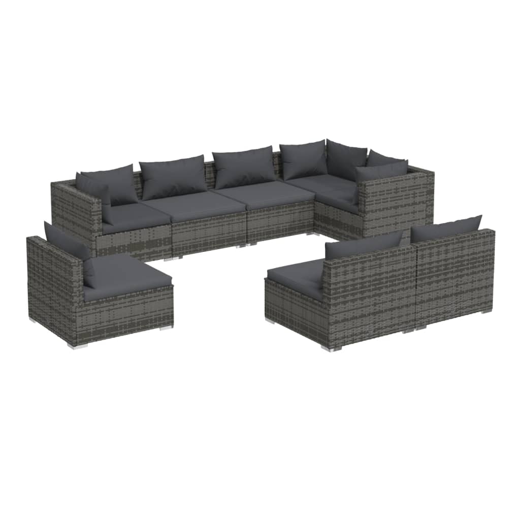 8 Piece Garden Lounge Set with Cushions Poly Rattan Grey - 70×70×60.5cm