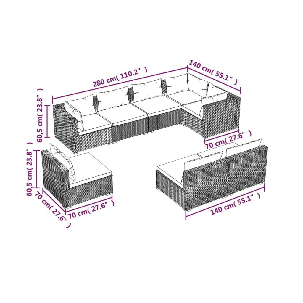 8 Piece Garden Lounge Set with Cushions Poly Rattan Grey - 70×70×60.5cm