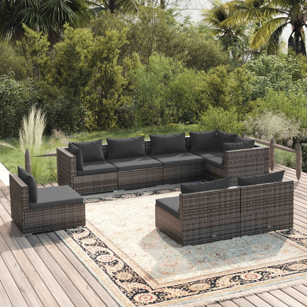 8 Piece Garden Lounge Set with Cushions Poly Rattan Grey - 70×70×60.5cm