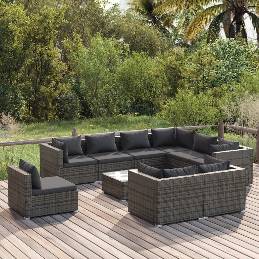 10 Piece Garden Lounge Set with Cushions Poly Rattan Grey - 60×60×30cm