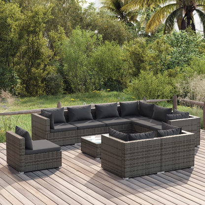 10 Piece Garden Lounge Set with Cushions Poly Rattan Grey - 60×60×30cm