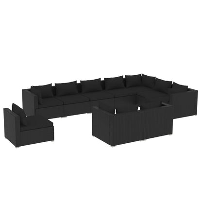 10 Piece Garden Lounge Set with Cushions Poly Rattan Black - 70×70×60.5cm