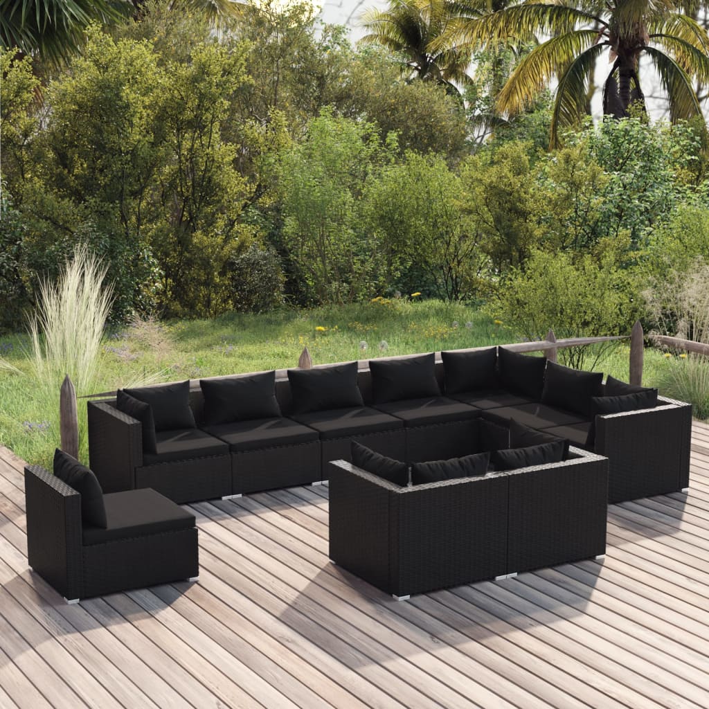 10 Piece Garden Lounge Set with Cushions Poly Rattan Black - 70×70×60.5cm