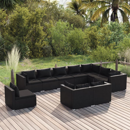 10 Piece Garden Lounge Set with Cushions Poly Rattan Black - 70×70×60.5cm