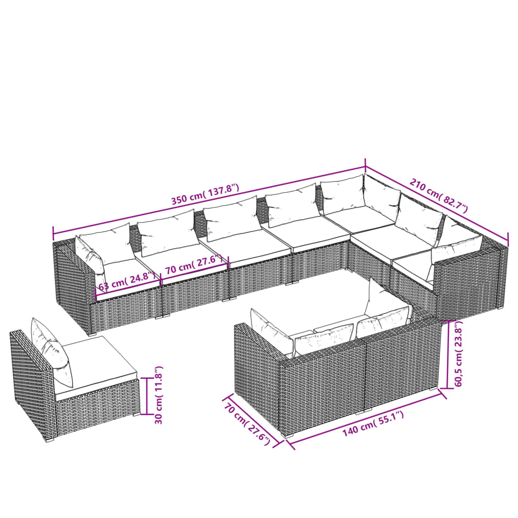 10 Piece Brown Garden Lounge Set with Cushions Poly Rattan