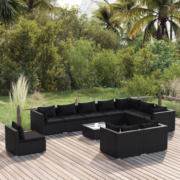  Noir Rattan Luxury: 11-Piece Black Poly Rattan Garden Lounge Set with Plush Cushions