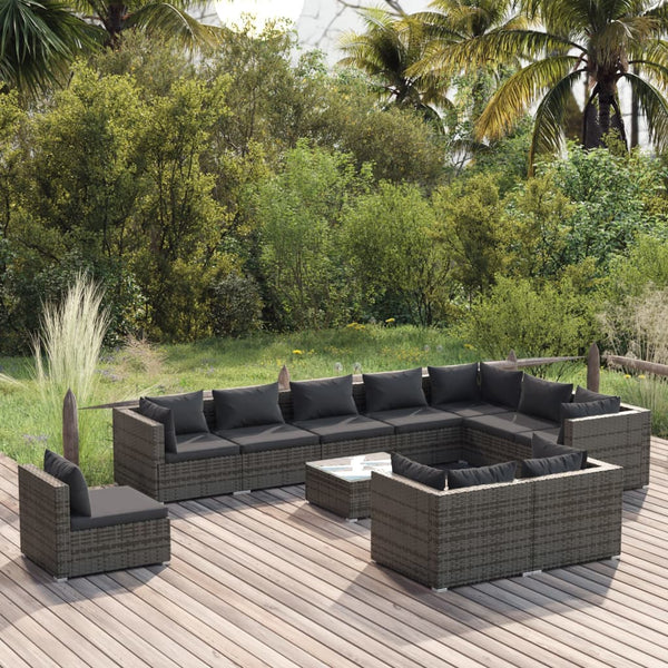  Stylish Grey Retreat: 11-Piece Poly Rattan Garden Lounge Set with Plush Cushions