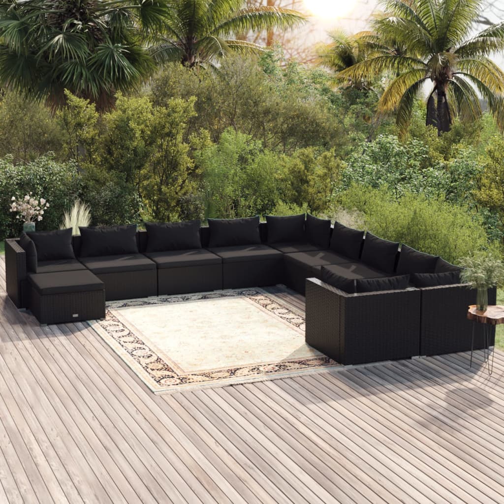 11 Piece Garden Lounge Set with Cushions Poly Rattan Black - 70×70×60.5cm