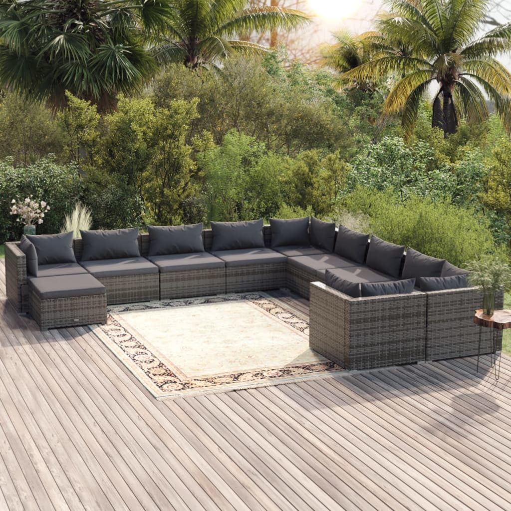 11 Piece Garden Lounge Set with Cushions Poly Rattan Grey - 70×70×30cm