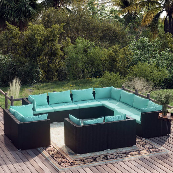  Garden Lounge Set with Cushions Black Poly Rattan 11 Piece