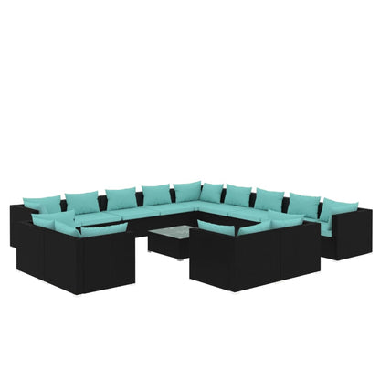 14 Piece Garden Lounge Set with Cushions Black Poly Rattan