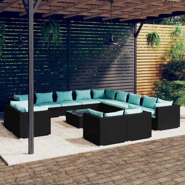  14 Piece Garden Lounge Set with Cushions Black Poly Rattan