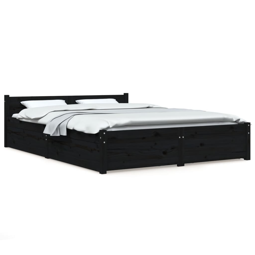 Queen Size Bed Frame in Black with Drawers and Solid Pine Wood Boho 