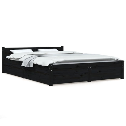 Queen Size Bed Frame in Black with Drawers and Solid Pine Wood Boho 