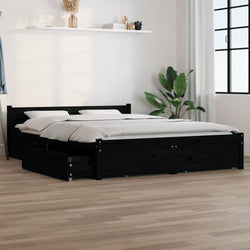 Queen Size Bed Frame in Black with Drawers and Solid Pine Wood Boho 