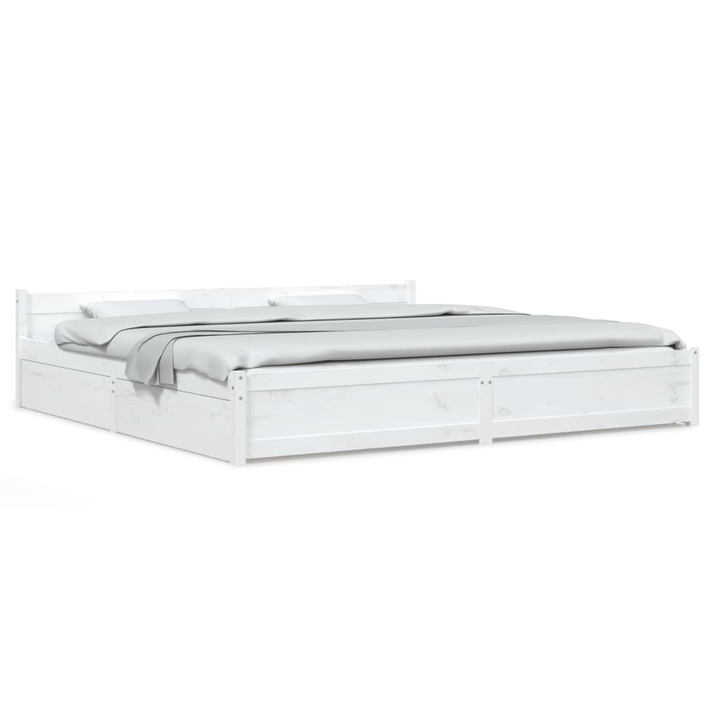 White King Bed Frame with Drawers Solid Pine Wood Storage Headboard