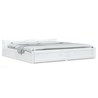 White King Bed Frame with Drawers Solid Pine Wood Storage Headboard