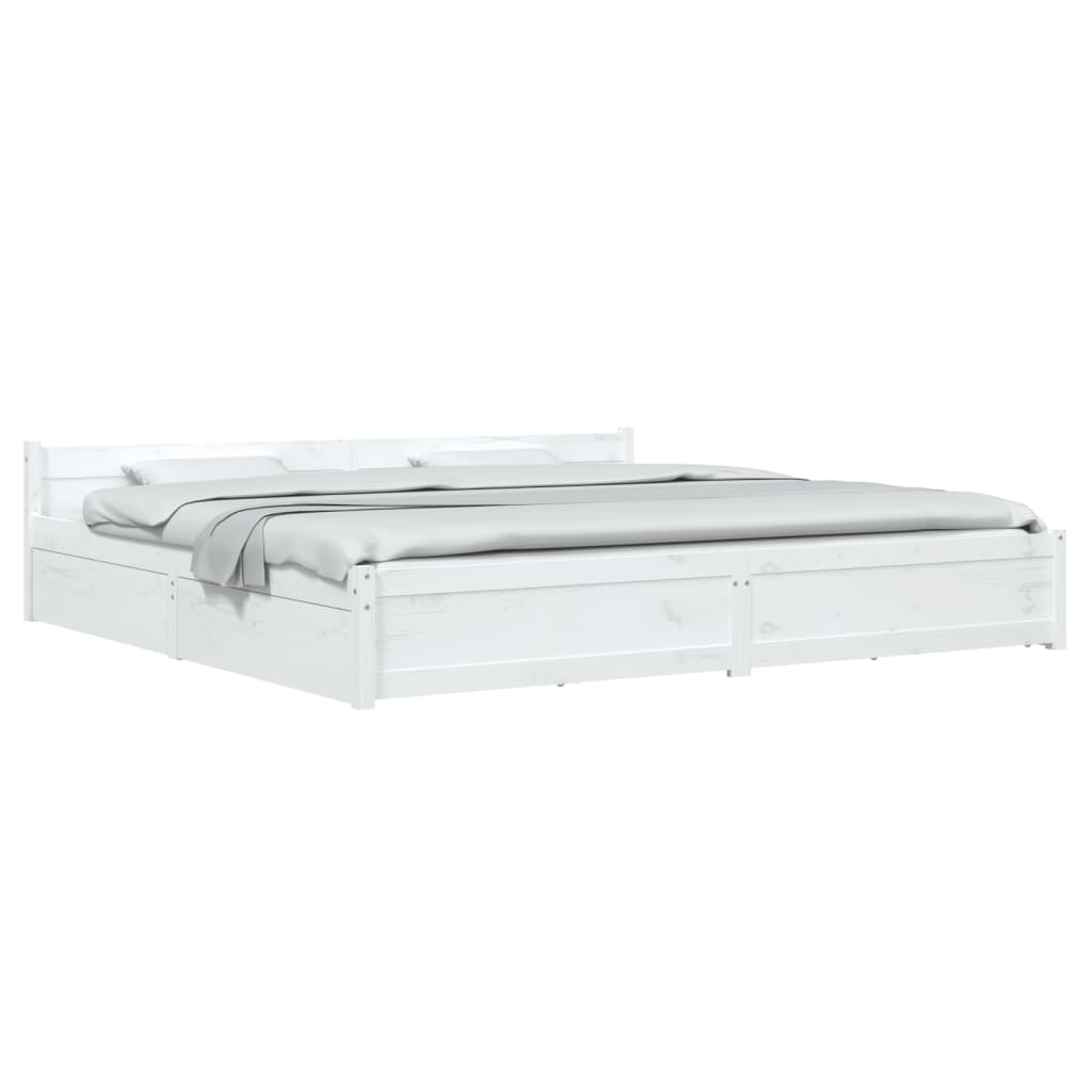 White King Bed Frame with Drawers Solid Pine Wood Storage Headboard